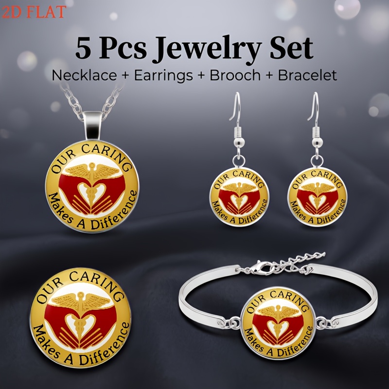 5pc Caduceus Themed Necklace, Earrings, Brooch & Bracelet Set